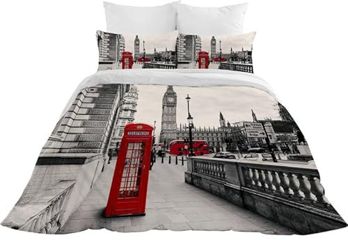 Bettwäsche 135x200cm 3Teilig Londoner Big Ben Bettwäsche-Sets Londoner Straßentelefonzelle Kinder Mikrofaser 3D Motiv Modern Bettdeckenbezug Mit Reißverschluss und 2 Kissenbezug 80x80cm
