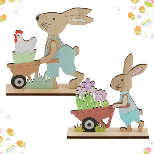 Osterdeko Hasen Holz, FainFun 2er Pack Aufsteller für Ostern, Hasen Deko für Den FrüHling, Drinnen und DraußEn, Osterdeko Holz，Osterdekoration Garten (Blau)