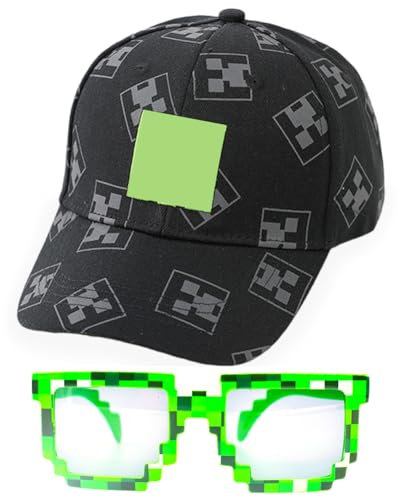 ZGCXRTO 2 Pcs Noire Miner Game Casquette de Baseball et Lunettes de Soleil à Carreaux Verts - Chapeau D'Été Adjustable pour Garçons et Filles