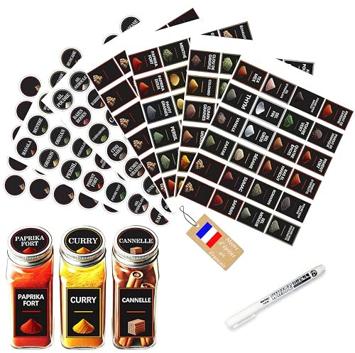 Etiquetas Especias Cocina - 200 Etiquetas autoadhesivas Efecto 3D - Impermeables & Lavables - Negro con Texto Blanco - Ideal para Tarros, Tarros de Especias y Despensa - Marcador Blanco Incluido