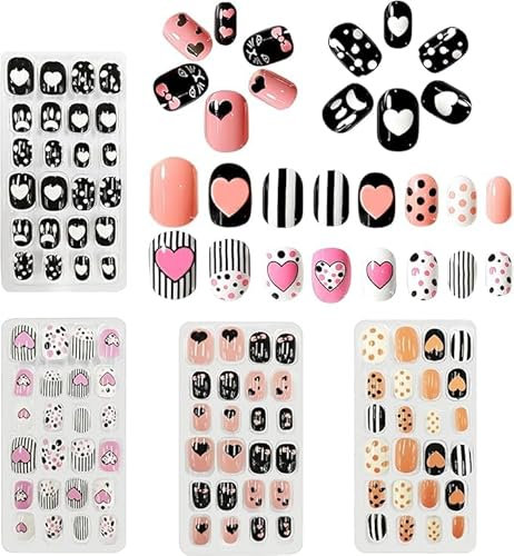 96 Stück Falsche Nägel für Kinder mit Nagelkleber - Pre Glue Full Cover Kurze Kindernägel Künstliche Nagelspitzen - Ready to Wear Press On Gel Nails für Kinder Mädchen (Schwarz Pink E, Kurz)