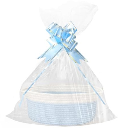 Geschenkkorb Leer, Aufbewahrungskorb, Geflochten Korb für Geschenke mit Geschenktüten und Bändern, Präsentkorb Leer für Geburtstag, Hochzeit, Babyparty, Erntedank, Weihnachten (Blau und Weiß)