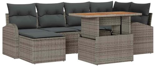 vidaXL Garten-Sofa Set mit Kissen in Grau aus Poly Rattan – 7-teiliges modulares Outdoor-Sitzset mit Tisch für 4 Personen, wetterfest und langlebig. Perfekt für Terrasse und Lounge.