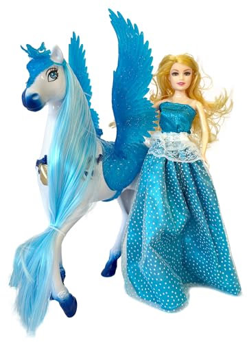 LENA INGROSSO Prinzessin Puppe mit geflügeltem Einhorn-Pferd – Traum-Set mit Zubehör, kämmbare Mähne und Glitzerflügel – Spielzeug für Mädchen 3+ Jahre