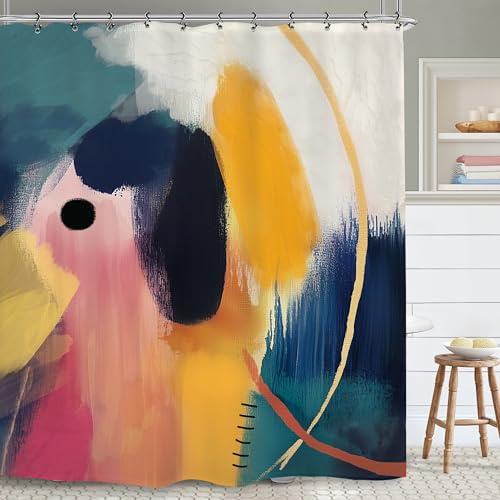 Yookeb Abstract Colorful Bright Bathroom Shower Curtain 60W by 71H Inch Art Modern Contemporary Minimalist Aesthetic Teal Pink Orange Polyester Fabric 12 Plastic Hooks Waterproof Decor