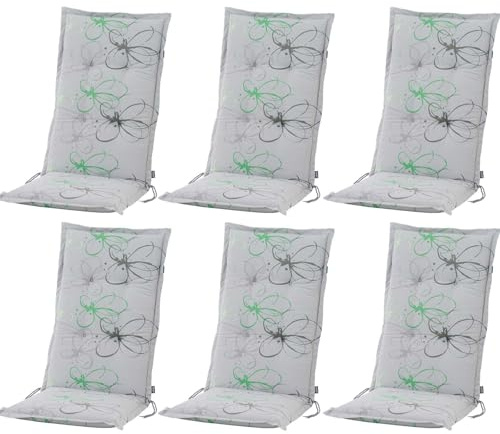 BURI 6X Auflagen Set Hochlehner für Gartenstühle 120x48x7cm Sesselauflagen Polster UV Lichtecht - Gartenstuhlauflagen Blumen Muster Stuhlkissen mit Dicker Schaumstoff Füllung (Grau)