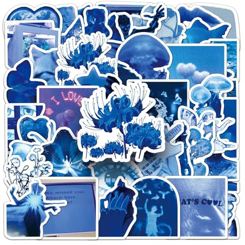 50Stück Blauer Aufkleber für Computer,Snowboard,Auto,Skateboard,Fahrrad,Laptop,Motorrad,Aesthetic Cartoon Tier Wasserfest Vinyl Decal,Erwachsene Kinder Geschenk,Blumen NiedlichGraffiti Sticker