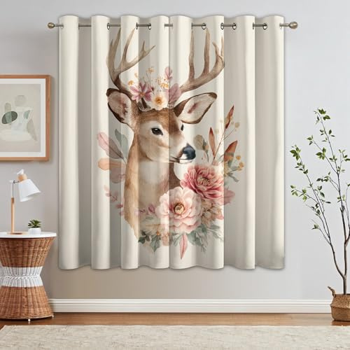 Generisch 95% Blickdichte Vorhänge Hirsch, Thermo Verdunklungsvorhänge mit Ösen, Landhausstil Tiere Hirsch Blumen Fenster Gardinen Wohnzimmer Schlafzimmer Deko, 2er Set H 137 x B 117 - G440