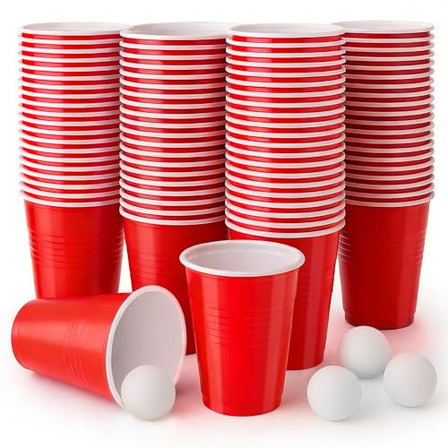 Coco Berming Gobelet Plastique Reutilisable, 100 Gobelets de Fête und 10 Balle Ping Pong, 500ml Verre Boisson pour Anniversaires, Fêtes, Mariages, Camping