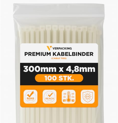 verpacking Premium Kabelbinder Natur 300 x 4,8 mm [Farbe, Größe & Menge wählbar] UV-beständig hohe Zugfestigkeit - 100 Stück