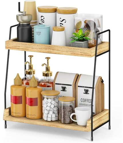 2-Tier Coffee Station Organizer Countertop, Kitchen Storage, Wooden Coffee Bar Accessories Organizer, Condiment Racks, Counter Shelf for Bathroom, Office, Storage Holder Stand for Pods, Syrups, Cups