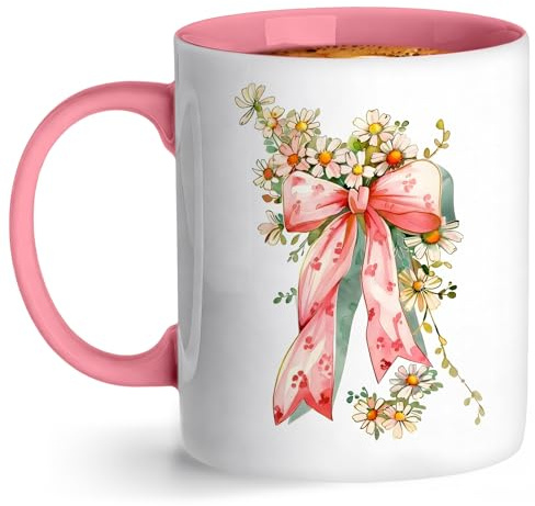 Bow Floral Mugs for Women Girls, Personalised Mug Bow Cup, Pink Handle 11oz Ceramic Coffee Mug, Cute Bow Tea Mug Gift for Women Girls