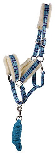 QHP Halfter-Set kariert mit Kunstfell Halfter + Strick Nylon mit Tasche (Shetty, Hawaii)