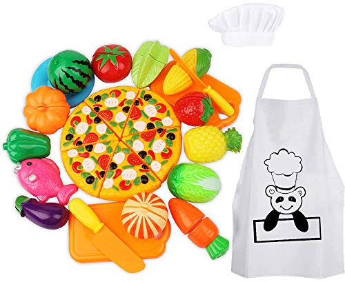 Harxin Taglio Frutta e Finti Alimenti Chef Cappello Grembiule,Gioco di Ruolo Piccolo Cuoco - Accessori da Cucina,Giocattolo Educativo Prima Infanzia,Regalo per Bambini 3+ Anni (28pcs)