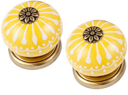 FBSHOP(TM) Lot de 2 boutons de tiroir jaunes peints à la main pour tiroir de cuisine