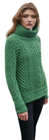 SAOL 100% Merino Wool Irish Fisherman Knitted Funnel Neck Ladies Long Loose Fit Sweater Jumper (Green, X-Large)