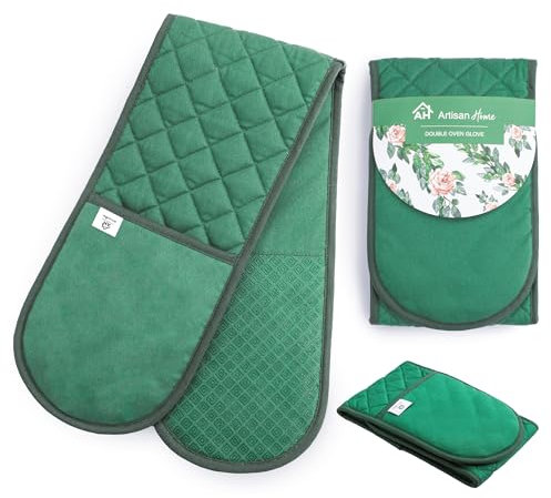 Green Double Oven Gloves | Maximum Heat Resistant Protection | Double Oven Glove Potholders With Silicone Non-slip Design | Machine Washable Thick Oven Glove Potholders Home & Kitchen