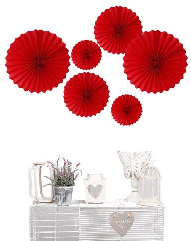 Pack of 6 Paper Fans Colourful Party Decorations Christmas Halloween Birthday Valentine Decorations (Red Shade)