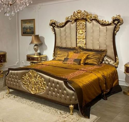 Casa Padrino Luxus Barock Doppelbett Silber/Dunkelbraun/Gold - Edles Massivholz Bett mit Kopfteil - Prunkvolle Schlafzimmer Möbel im Barockstil