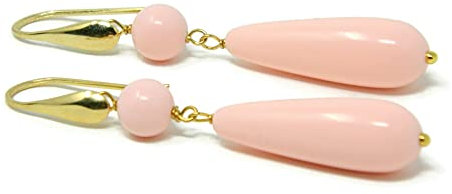 Orecchini pendenti con pallina e goccia in pasta di corallo rosa chiaro, gancetto argento dorato
