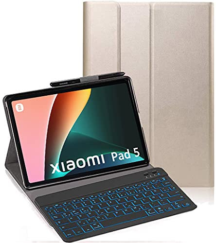 YHFZR Tastatur Hülle für Xiaomi Mi Pad 5/5 Pro 11 Zoll, [Deutsches QWERTZ] Ultraslim Hülle mit 7 Farben Beleuchtung Kabellose Tastatur mit Schützhülle für Xiaomi Mi Pad 5/5 Pro 11 Zoll, Gold
