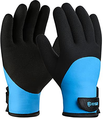 KAYGO Waterproof Thermal Work Gloves, Full Hand Latex Coated, Insulated Liner for Freezer Cold Weather Fishing Winter Outdoor Work, KG140 (Black Blue, Small)