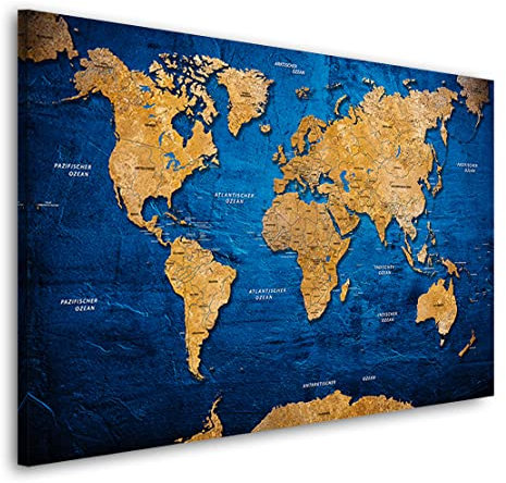 Kunstgestalten24 Leinwandbild Weltkarte Blue Stone Wandbild Kunstdruck Foyer Deko