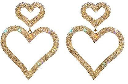 zxcs Dominierte übertriebene Mode Kristall Doppel Herz Ohrringe vertraglich Joker Lange Frauen Tropfen Ohrringe Schmuck-Gold