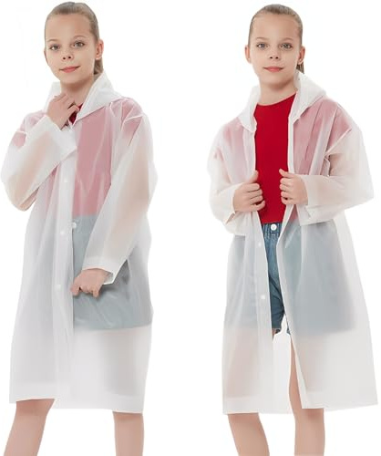 Rain Ponchos Raincoats for Kids, Reusable Boys Girls Rain Jackets Emergency with Hood for Family Disney Travel Outdoor (White)