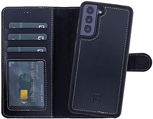 Burkley 2-in-1 Handyhülle kompatibel mit Samsung Galaxy S21 FE - abnehmbares Back Cover, 360° Schutz, Echtleder, Detachable Case (Schwarz)
