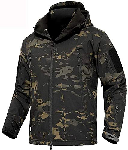 Memoryee Uomo Tattico Camouflage Softshell Giacca Outdoor Militare Pile Fodera Impermeabile Antivento Giubbotto con Cappuccio/Camouflage Black(new)/L
