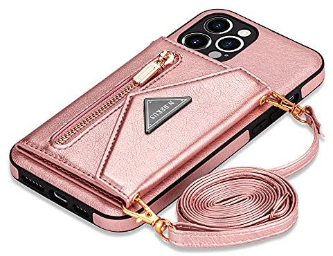 GUVAGI Handy Hülle für iPhone 11 Hülle mit Band Handykette Handyhülle Case, Cover Klapphülle Reißverschluss Stoßfest Schutzhülle Magnet Aesthetic Mädchen Handy Hülle mit Kette Umhängen (Rosa)