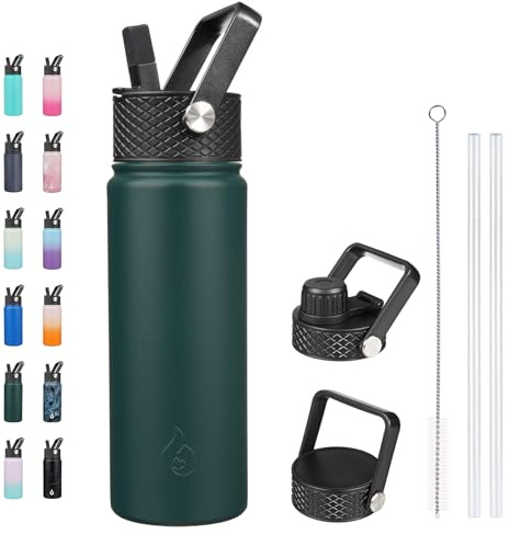 BJPKPK Insulated Water Bottles with Straw Lid, 650ml Cold & Hot Thermos, Stainless Steel Metal Water Bottle with 3 Lids, Reusable Thermos, Cups, Mugs for Daily Use-Army Green