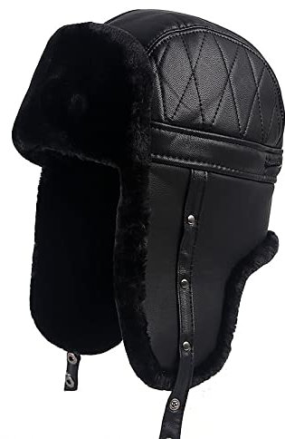 DEPAJA Russische Mütze Winter Trapper Warm Leder Pilotenmütze Sowjetische Russische Ushanka Faxu Pelzmützen Ohrenklappe Bombermütze Herren Schwarze Schneehüte,Black2,57-58Cm