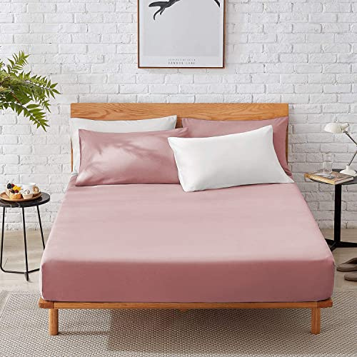 Fitted Sheets 100% Egyptian Cotton 200 Thread Count 40CM/16 Soft Extra Deep Pocket Bottom Sheet Hotel Quality Mattress Topper Bedsheet Single Double King SuperKing Size (Pink, Double)