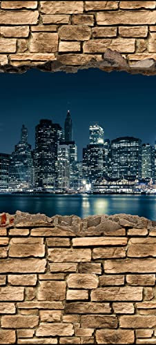 wandmotiv24 Türtapete 3D New York City by Nacht - Steinmauer 80 x 200cm (B x H) - Selbstklebende Strukturtapete Sticker für Türen, Türfolie, Aufkleber, M0653