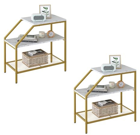 Wolawu End Table 3 Tiers 2pcs White Marble Wood Nightstand with Storage Ladder Shelf,Industrial Sofa Side Table for Small Space, Modern Trapezoid Plant Stand in Living Room Bedroom,Gold Metal Frame