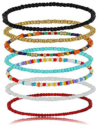 Cubahop Lot de 7 bracelets de cheville colorés de style bohème fait à la main avec perles de rocaille - Accessoires de pied d'été pour femmes et filles