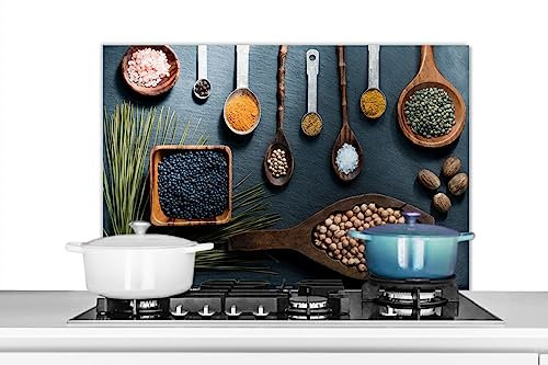 KitchenYeah© Spritzschutz Küchenrückwand Platte Küchen Zubehör Aluminium Platte Herd Spritzschutz WandverkleidungKräuter - Löffel - Gewürze - 80x55 cm