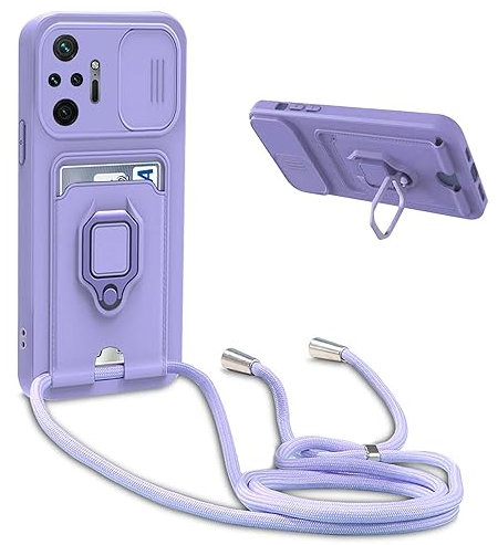 YFSYLL Funda con Cuerda Compatible con Xiaomi Redmi Note 10 Pro,Ajustable Collar de Cuello Cordón Carcasa de Silicona,Protección de la cámara Funda,Anillo Soporte,Ranuras para Tarjetas,Púrpura