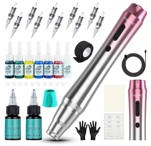 INKCHUM Wireless Maschine Set mit Digital OLED Display Kabellose Maschine Set 10000R Coreless Motor 2 Batterien für Miroblading PMU Schattierung Eyeliner Lippe(Rosa-Grauer Farbverlauf)