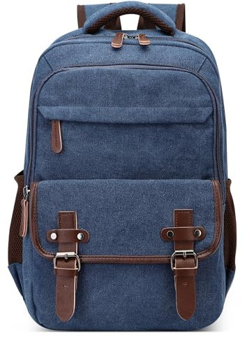 DEEVORCA Retro Hombre Mochila Grande Moda 15 Pulgada Ordenador Portatil Casual Bolsas con Mango Múltiples Bolsillos para Viajar Escuela Cámping Trabajo Senderismo Lienzo Hombre Backpack Azul