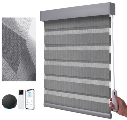 TIPIACE Rechargeable Motorized Zebra Blinds Controlled with Control Rod or Remote Control, Fashion Black Silk Dual Layer Roller Shades(Grey W210 X H230cm)
