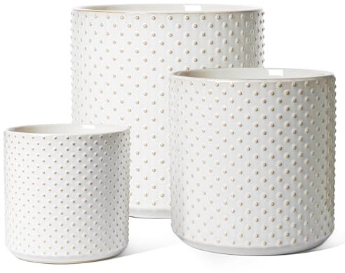 LE TAUCI 15+20+25 cm Plant Pots, Boho Ceramic Planters for Indoor Plants, White Plant Pots Indoor, Flower Pots for Plants with Drainage Hole and Plug, Set of 3, Raised-Dot Arctic White