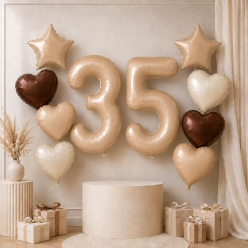 35 Luftballons, XXL Nude 35. Geburtstag Aprikose Ballon Deko, Beige Braun Zahlen 35 Ballon Stern Folienballon Neutraler Herz Luftballons für Frau Geburtstagsdeko Hochzeit Valentinstag Party Dekoration