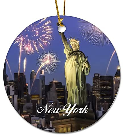 Novelty Christmas Decoration New York City Statue of Liberty Cityscape Christmas Ornaments for Xmas Tree Round Keepsake Porcelain Bauble Stocking Stuffer Souvenir Gift for Parents Kids
