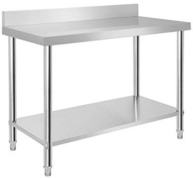 VA-Cerulean Mesa de trabajo de acero inoxidable con patas ajustables, mesa de cocina, mesa desmontable, mueble de cocina para restaurante, bar, plateado (con reborde, 120 x 60 x 85 cm)