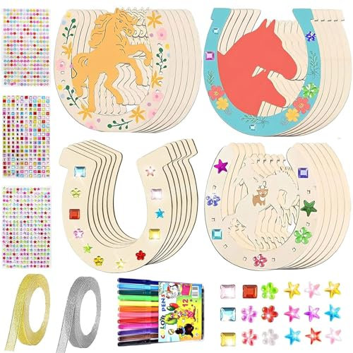 Hufeisen Holz, 24 Stück Hufeisen Kindergeburtstag Holz, Bastelset Kinder, Pferde Geburtstagsdeko, Basteln Kinder mit 12 Aquarellstift, 3 Paillettenaufklebern, 2 Glitzerband für DIY Party