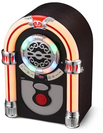 Retro Jukebox Musikbox mit CD-Spieler, Musikanlage Nostalgie Design, Bluetooth, Vintage FM/UKW Radio Wireless für Zuhause, Aux-In Port und Farbwechsel LED Lichter (mit CD Player)
