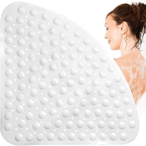 Tapis de Douche Antidérapant pour Baignoire, Tapis de Douche PVC Résistant à la Moisissure avec Ventouses, Triangulaire avec Trou de Drainage, 54 x 54 cm, Blanc